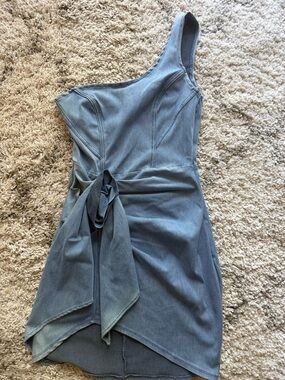 JLUXLABEL One-Shoulder Slate Blue Tie-Waist Dress